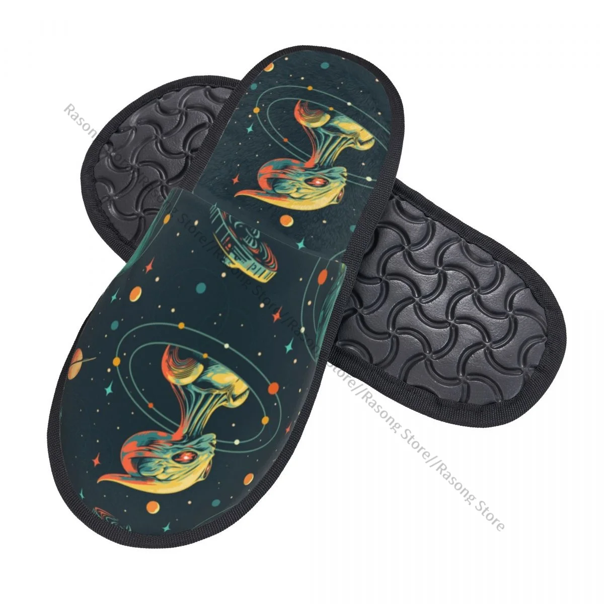 Winter Women Men Non-Slip Flat Slippers Space Aliens Indoor Fur Soft Warm Shoes