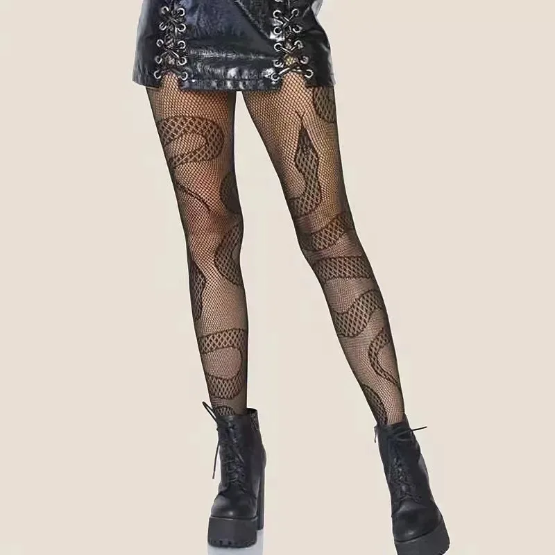 

Sexy Snake Print Cutout Black Fishnet Pantyhose Summer Y2K Harajuku Subculture JK Lolita Niche Gothic Dark Mesh Tights Female