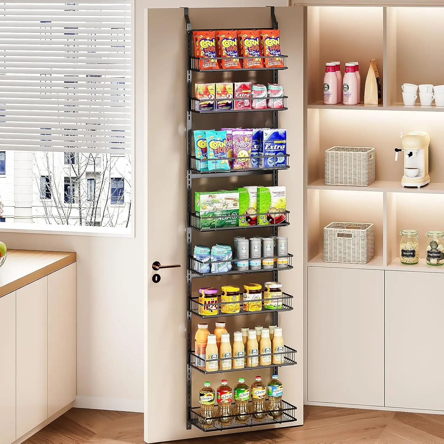 

Over The Door Pantry Organizer, 8-Tier Over The Door Organizer with Adjustable Baskets, Metal Hanging Spice Rack for Pan