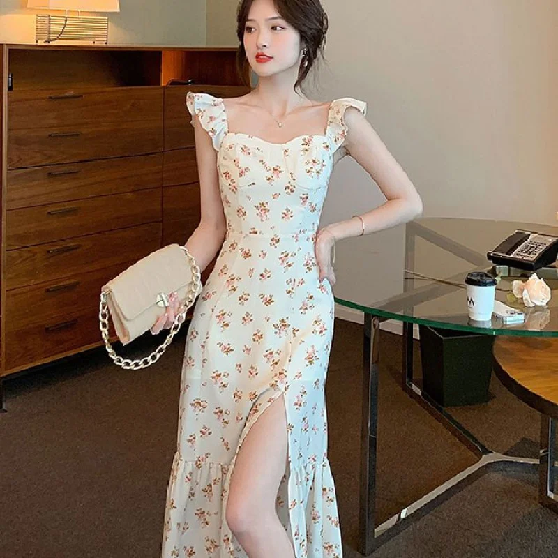 

2022 New Women's Summer French Style Retro Slimming Elegant Floral Dress Split Gentle Age-Reducing Suspender Dress