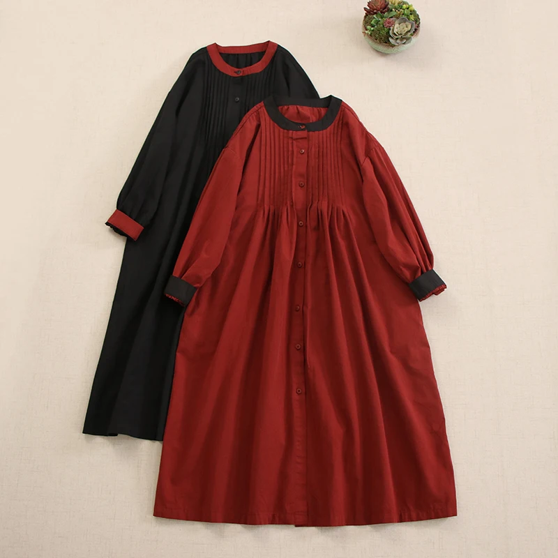 Vestido camisero japonés dulce Mori Girl de un solo pecho para mujer otoño nuevo cuello redondo manga larga Casual vestidos Midi sueltos