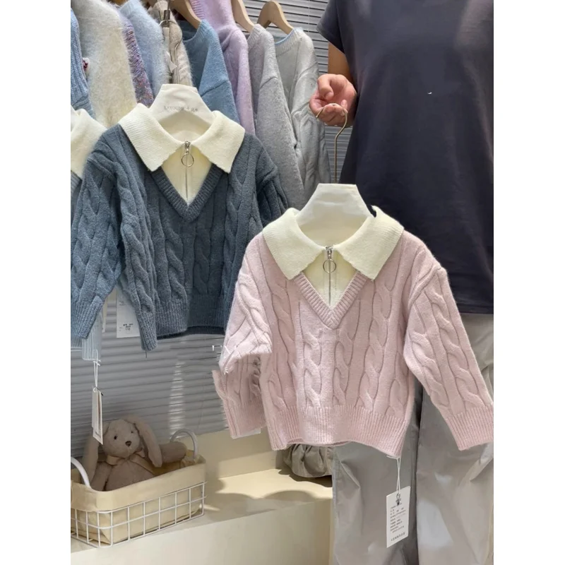 

Girls' Korean Style Lazy Color BlockpoloFake Two-Piece Sweater2025Autumn and Winter Elegant Versatile Knitted Sweater Top