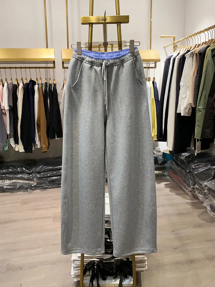 

Women's Spring Fashion High-Waisted Casual Scimitar Pants, Korean Minimalist Wide-Leg Color-Block Drawstring Loose Casual Ver