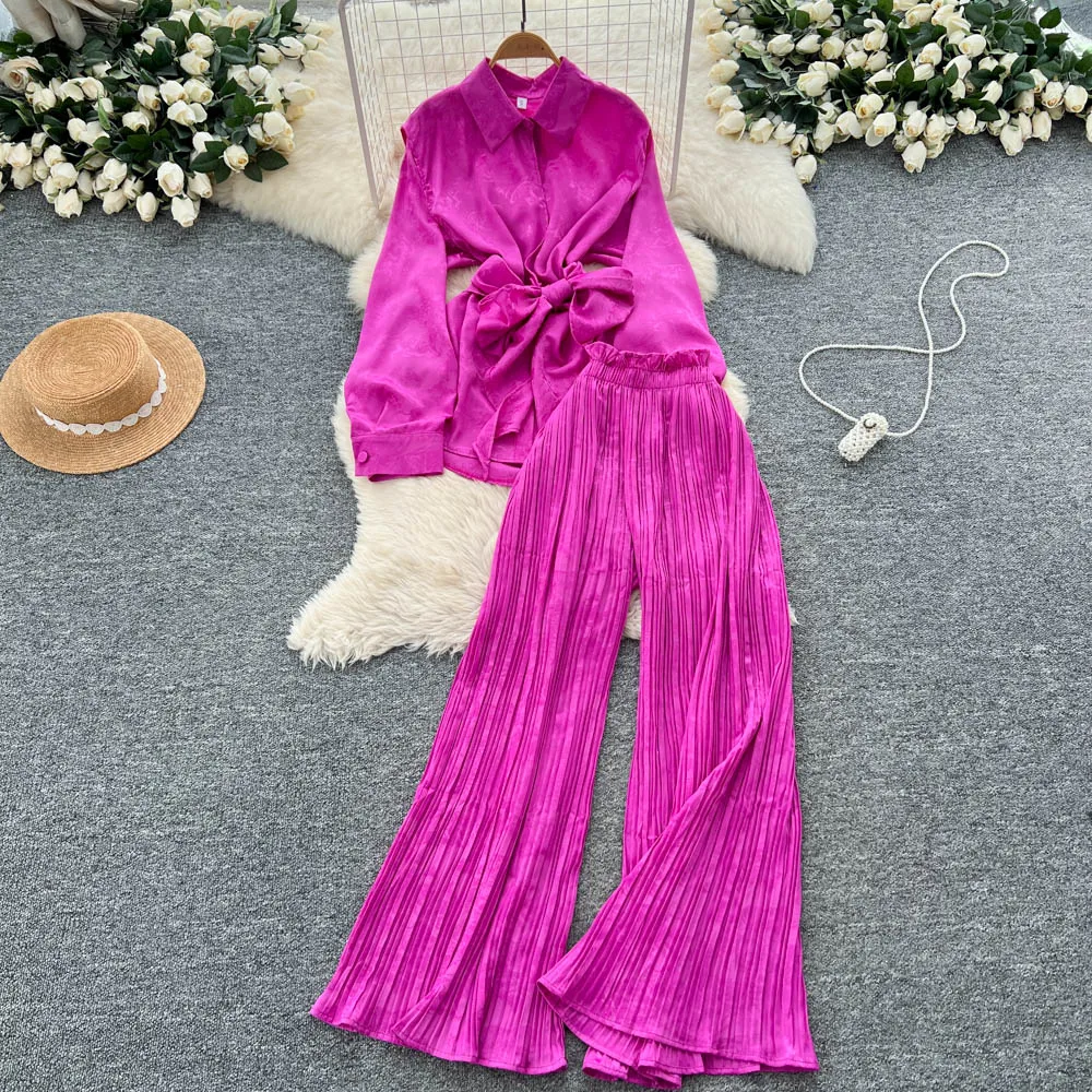 

Fashion Suit for Women with Zip Ties Waist Cinched Long Sleeved Printed Shirt High Waisted Pleated Pants