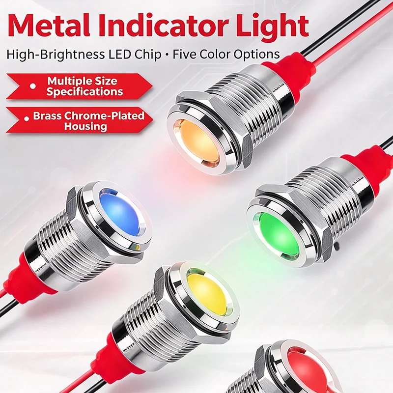 6mm 8mm 10mm 12mm LED Metal Indicator Light Signal Lamp with Wire 3V 5V 6V 12V 24V 110V 220V Red Blue Green Yellow White