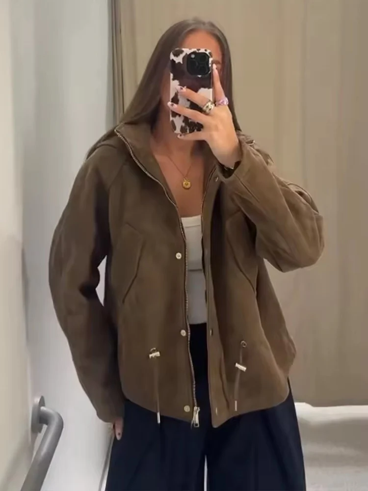 

Women's High Street Coats Women Hooded Long Sleeve Zipper Jackets 2025Autumn New Elegant Office Ladies Casual Loose Outerwear