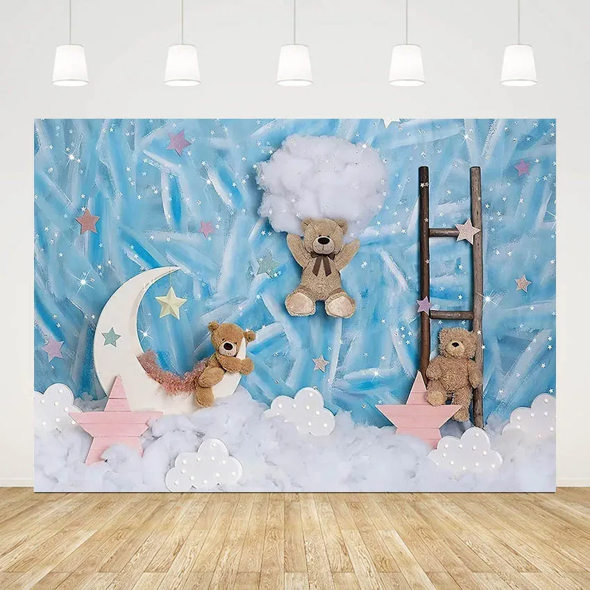 Mehofond Photography Background Dreamy Blue Star Moon Toy Bear Decoration Newborn Kids Birthday Party Backdrop Photo Photozone