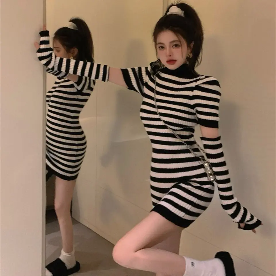 Short Sleeve Dresses with Cuff Women Striped Turtleneck Autumn Slim Elegant Sweet Preppy Cute Girls Fashion Korean Vestidos Chic