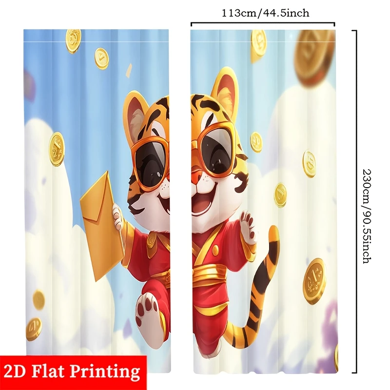 Cute Cartoon Tiger Window Curtains Gold Coin Theme Kids Room Nursery Decor Drapes Mascot Curtain Panel Funny Animal Print Home