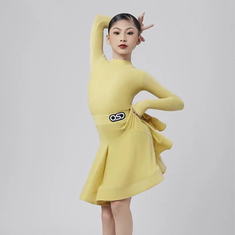 

Girls Latin Dance Competition Clothing Glossy Fabric Long Sleeves Dance Dress Kids Cha Rumba Dance Practice Training Wear