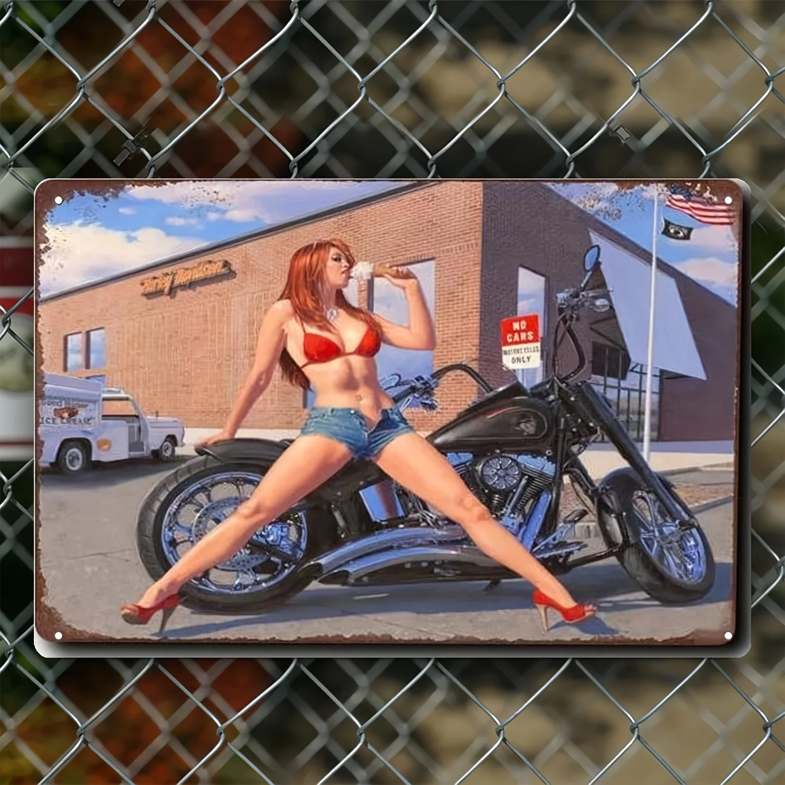 Vintage Pin-Up Metal Sign - Retro Girl on Motorcycle Frameless Tin Poster, Classic Americana Wall Decor for Bar,Club, Durable I