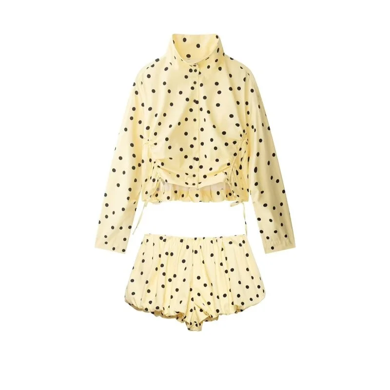 2026 New Women Yellow Polka Dot Tracksuit Drawstring Cropped Top + Bubble Shorts Casual Streetwear 2-Piece