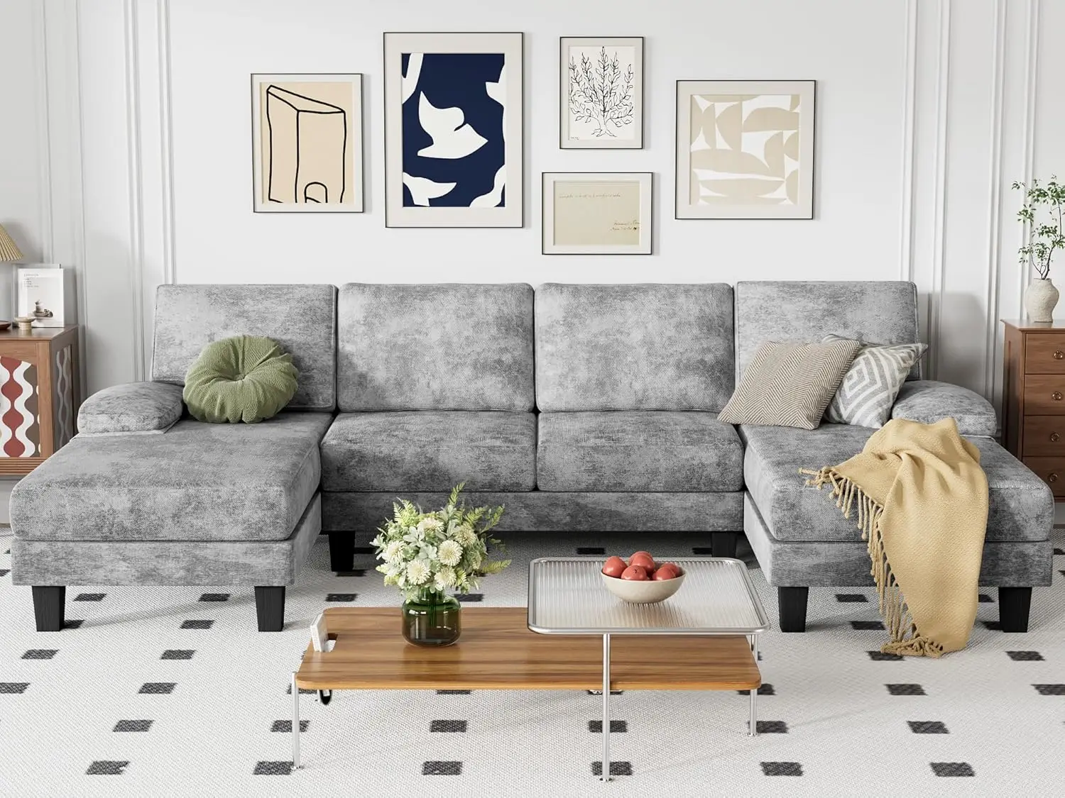 Convertible Sectional Sofa U-Shaped Couch with Soft Modern Cotton Chenille Fabric for Living Room, Oversized Seats