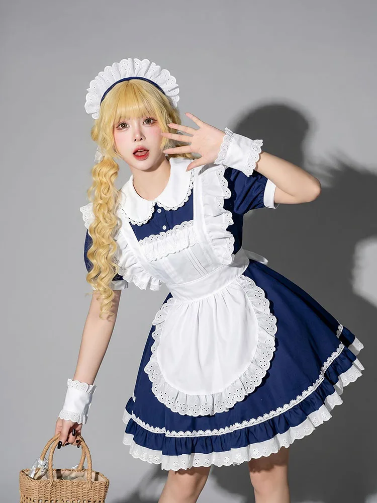 Conjunto de Vestido de Sirvienta Lolita Azul Marino Clásico con Cuello Peter Pan, Uniforme de Cafetería, Disfraz de Sirvienta