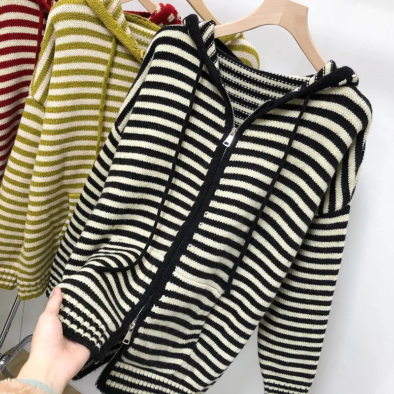 Zipper Stripe Hooded Sweater Cardigan Loose Women\'s 2022 Spring New Korean Fashion Knitted Top Pd