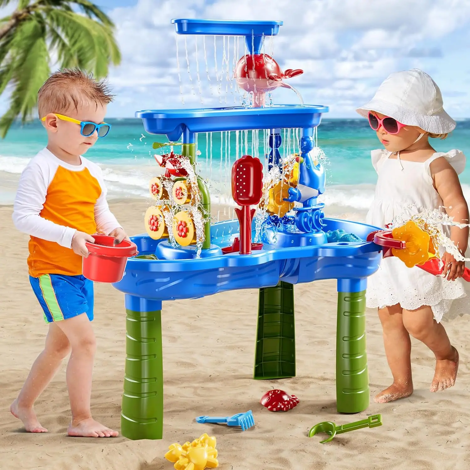 幼児用ウォーターテーブル、砂活動感覚テーブル、屋外おもちゃ、夏のビーチ、屋外、3層、3層