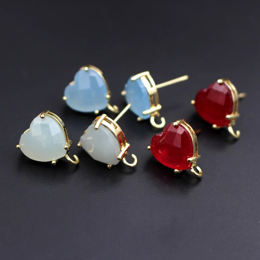 6pair Heart Shape Red Green Blue Stone Stud Earrings with Linker Connectors DIY for Women Bridal Wedding Earrings Accessories