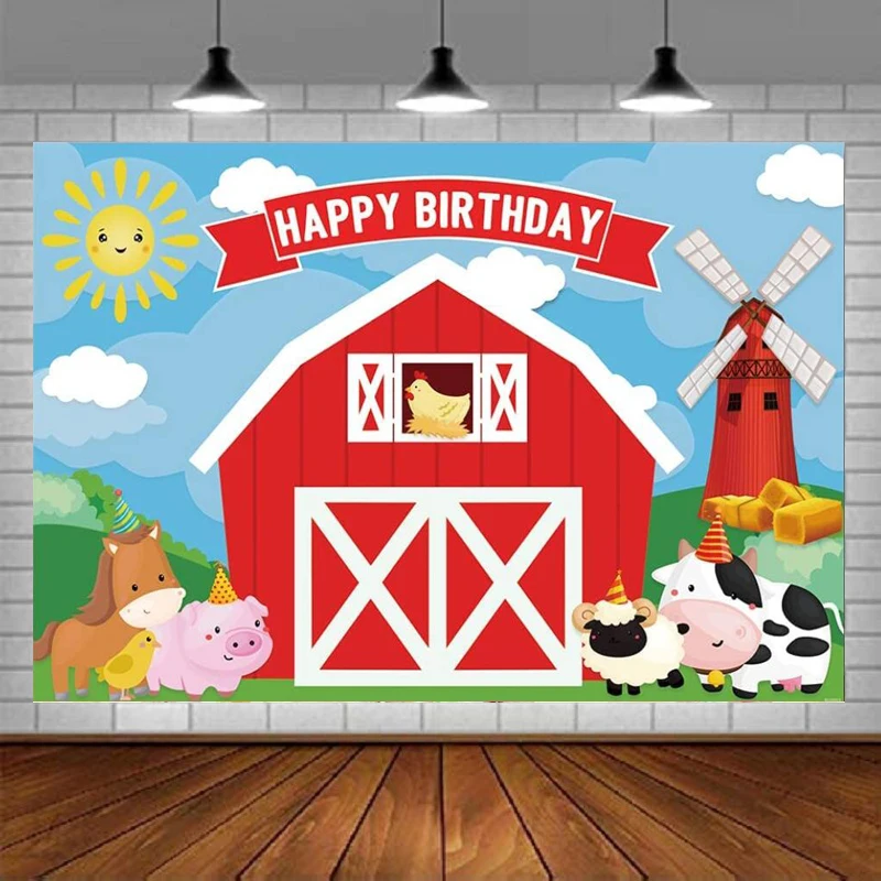 

Photography Backdrop Red Barn Farm Animals Background Kids Happy Birthday Party Decoration Cartoon Cow Bday Banner Poster