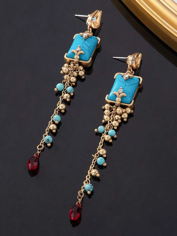 

Blue Turquoise Vintage Victorian Antique Tassel Stone Rhinestone Antique Style Light Luxury Retro Earrings