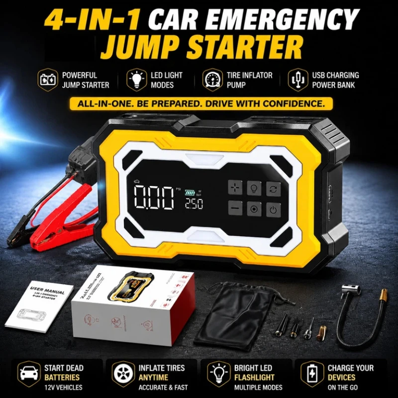 4‑In‑1 Portable Car Jump Starter 6000mAH 12V Battery Booster with Tire Inflator Air Pump Flashlight Emergency Car Starter for
