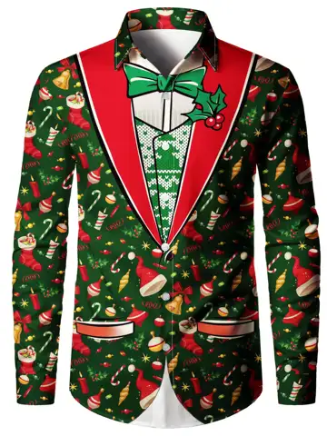 Christmas Theme Men's Fake Suit Tailcoat Printed Formal Shirts Christmas Graphics Long Sleeve Shirt Fashion Men's Shirts For Men