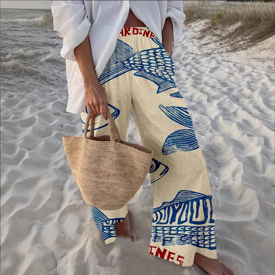 Creative Fish Bottom Pattern Summer Casual Pants Loose Sports Wide Leg Pants Fashion Ocean Elements Casual Pants Straight Legs