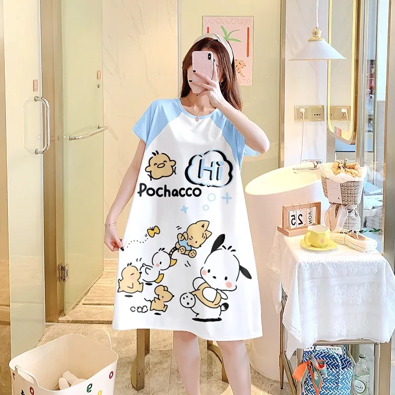 Sanrio Hello Kitty Pajamas Anime Kawaii Sweet Kuromi Stitch Cute Girl Nightgown Loose Short Sleeves Milk Shreds Thin Loungewear