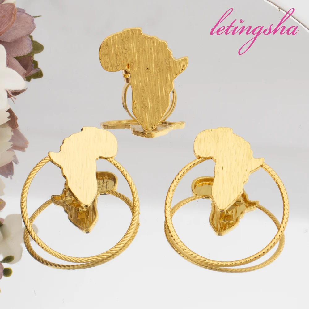 African Map Shape Gold Color Earrings Ring Jewelry Set for Women Clip Earrings and Finger Ring 2Pcs Set Weddings Daily Wear