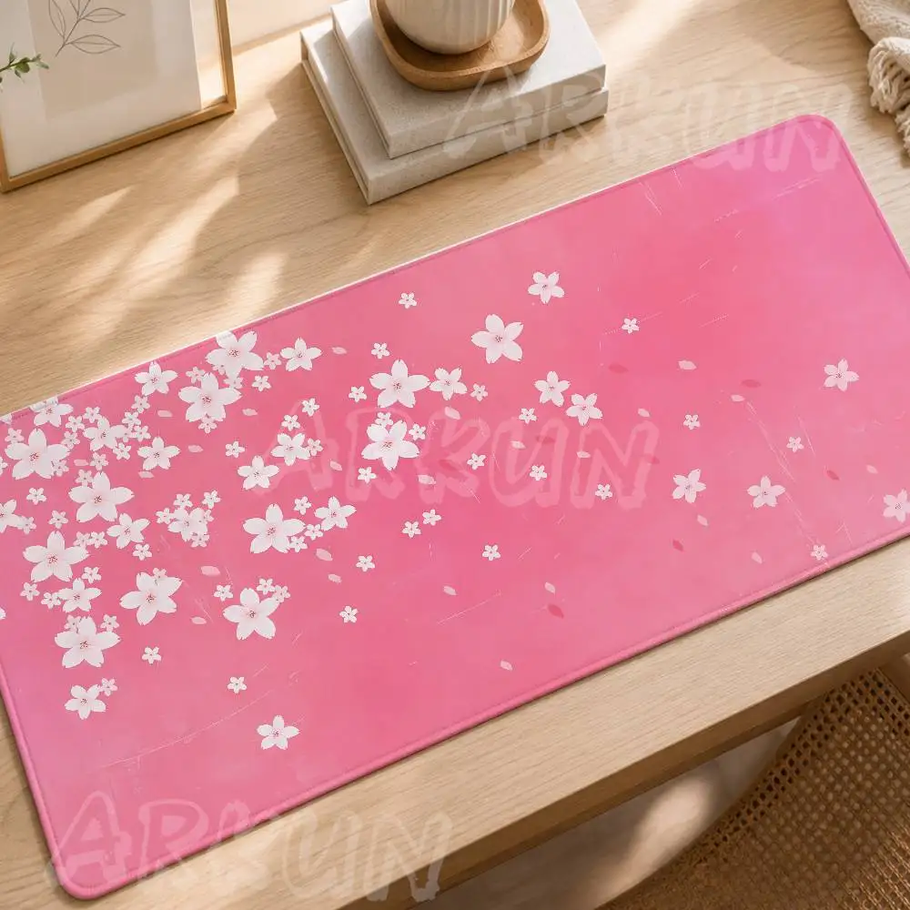 Japanese Cherry Blossom Mouse Pad, Pink Sakura Branch Moon Floral Art Large Desk Mat Rubber Base Aesthetic Asian Floral Decor