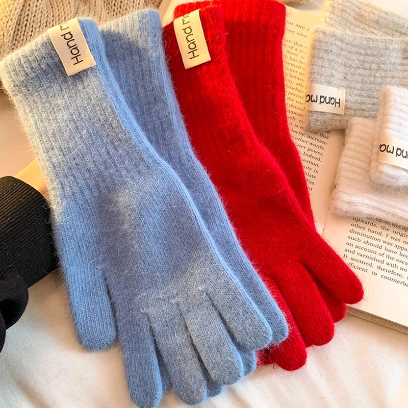 ถุงมือไหมพรมสีพื้นแบบสัมผัสหน้าจอแฟชั่นสำหรับผู้หญิง ถุงมือฤดูหนาว ถุงมืออุ่น ถุงมือทำงานสีพื้น ถุงมือฮาราจูกุสำหรับผู้หญิง