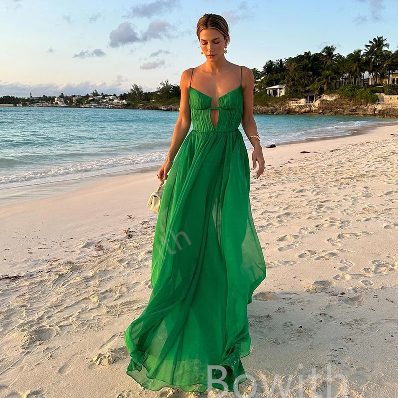 Bowith Chiffon Green Spaghetti Strap Party Dress for Women V Neck Draped Evening Dresses Beach Vocation Long Dress vestidos