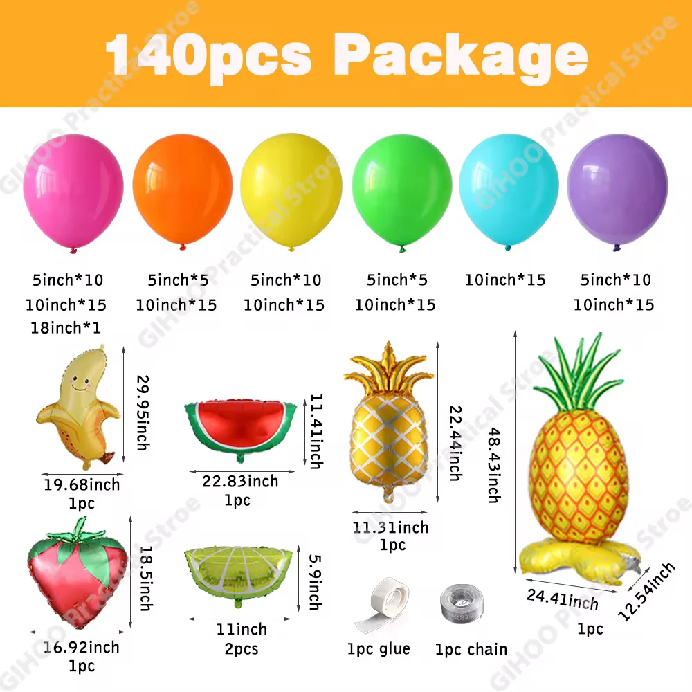 140pcs Summer Fruit Balloon Garland Kit Pineapple Strawberry Foil Balloon Suitable Hawaii Theme Birthday Party Baby Shower Decor