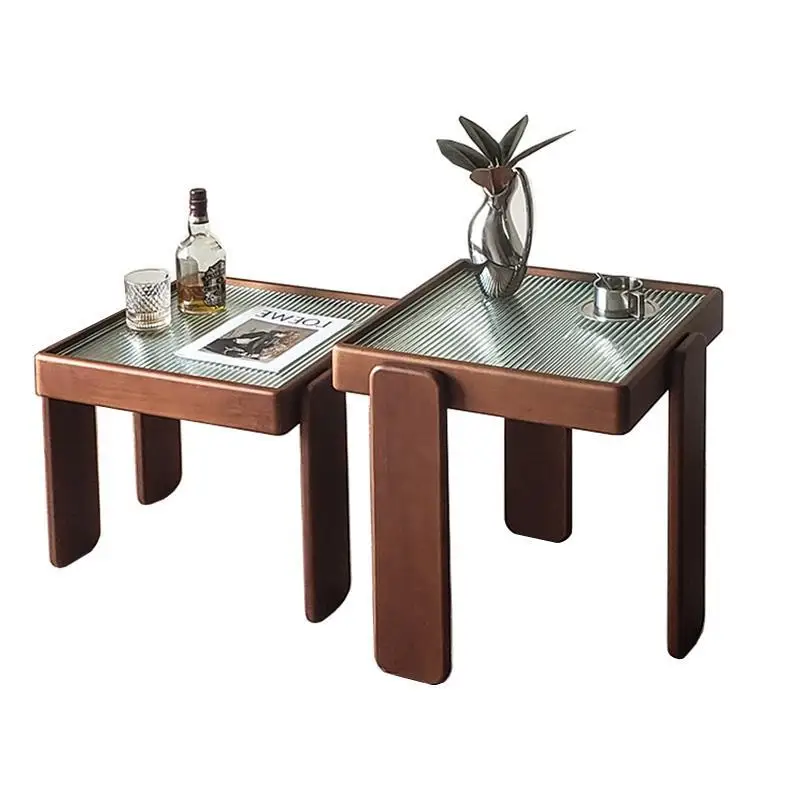 Japanese-style child and mother coffee table combination, solid wood Changhong glass edge table,  living room sofa corner table