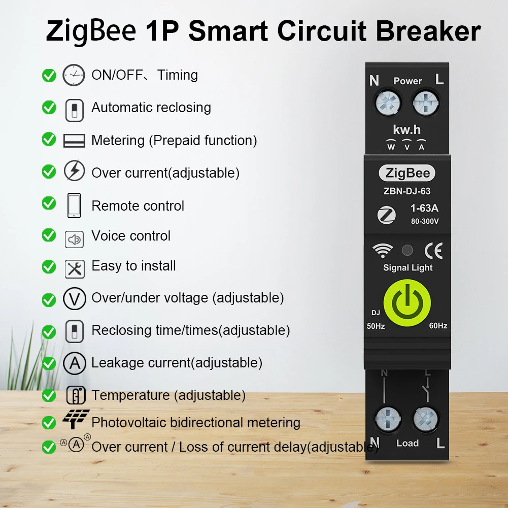 Tuya Zigbee 1P Circuit Breaker ON OFF Timing Photovoltaic Bidirectional Metering Energy Meter Automatic Reclosing Protector