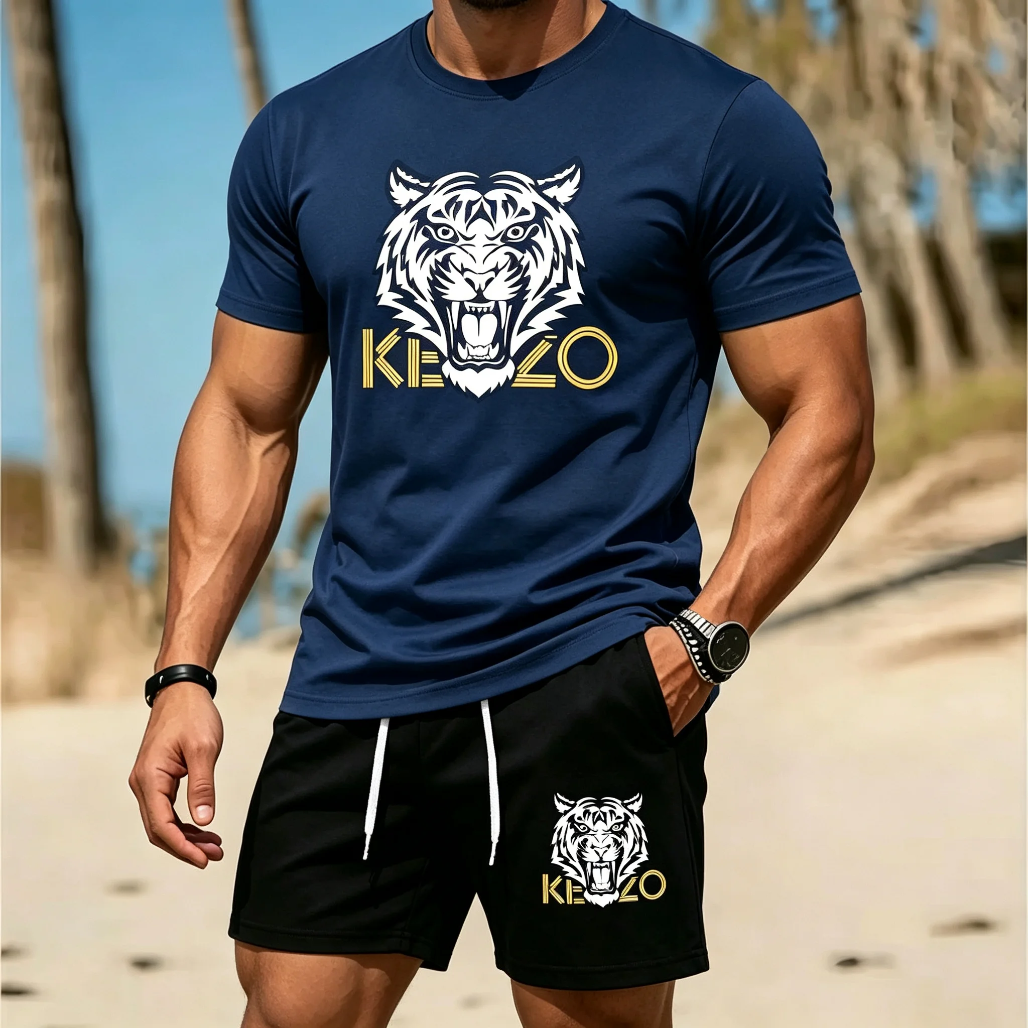 Men Summer Tiger Stripe 2 Piece Tracksuit Breathable Quick Dry Short Sleeve T Shirt Shorts Set Gym R