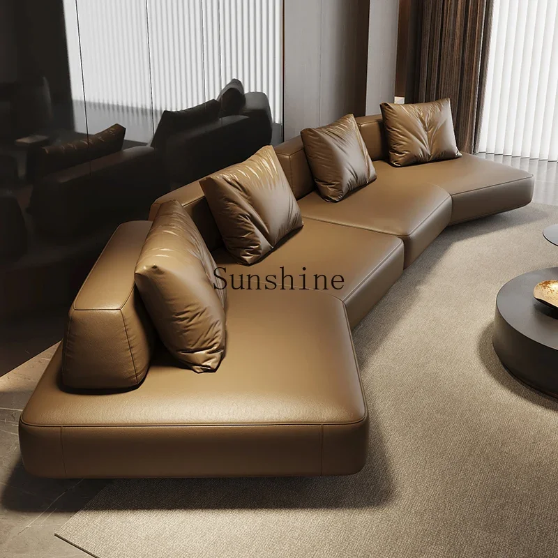 Italian minimalist special-shaped sofa brown leather large apartment living room home