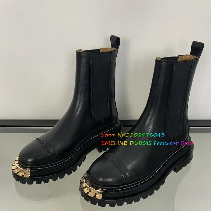 2023 Nieuwe Herfst Design Zwarte Enkellaars Fashion Metal Ronde Neus Dames Casual Chelsea Laarzen Schoenen Zachte Leren Korte Laarzen Vrouwen