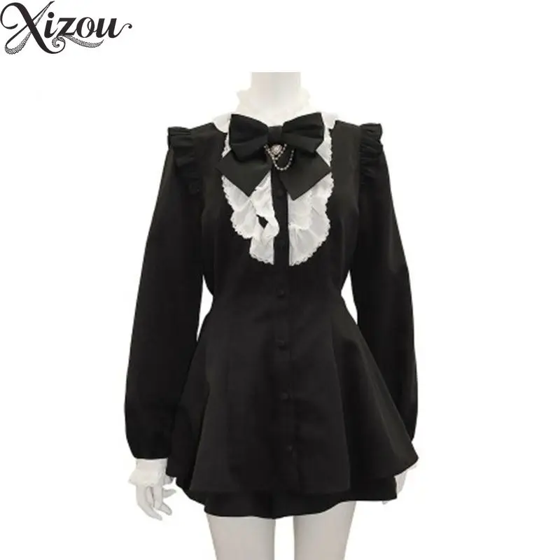 Japanese Mass‑Produced Style 2‑Piece Set Plaid Solid Color Long Sleeve Dress Shorts Bow Heart Chain Lace Ruffle Lolita Outfit