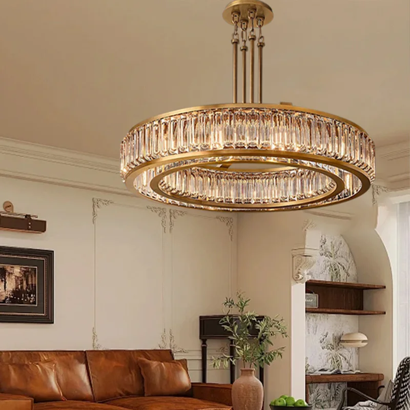 

American-style LED golden crystal living room chandelier, lustrous, suitable for dining room ceiling lighting, dimmable