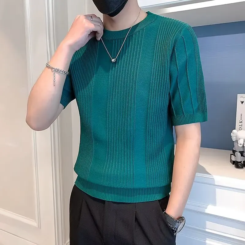 Summer Striped Crew Neck Solid Color Ice Silk Knitted Sweater Short Sleeve T-Shirt Men