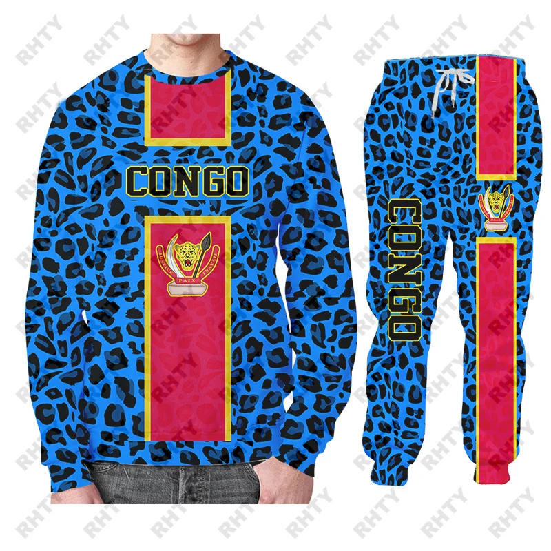 Congo Flag Leopard Hoodies Jacket Tracksuit Men 3D Print Pants Oversize African Pullover Sweatshirt Unisex Clothes Dropship 4XL