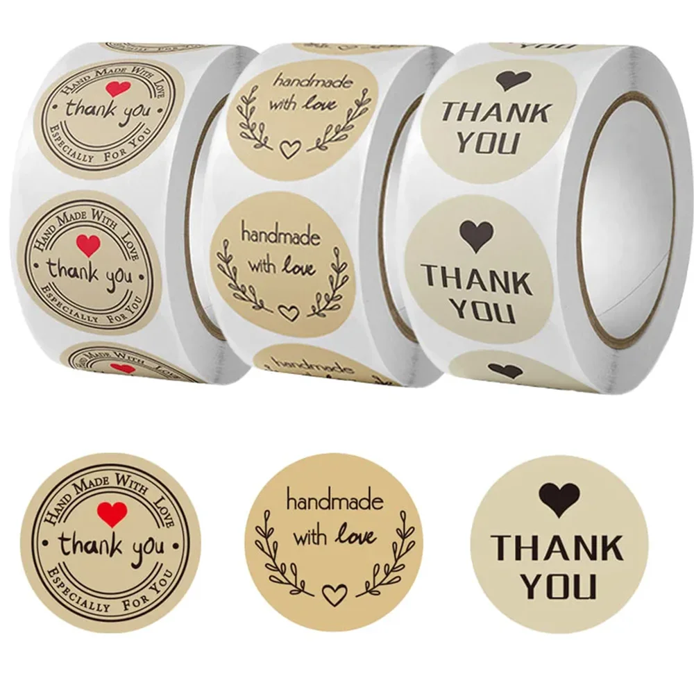 500pcs/roll Kraft Paper Handmade With Love Thank You Stickers DlY Decoration Label Perfect For Adorn Gifts And Baking Sealing