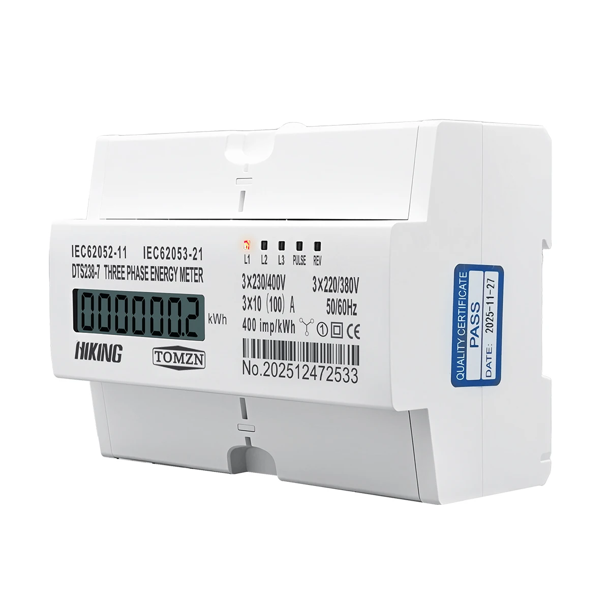 TOMZN 10(100)A 3*220V/380V 3*120V/207V 50Hz 60Hz Trójfazowy licznik energii elektrycznej na szynę DIN, wyświetlacz LCD, pomiar w kWh — zdjęcie 6