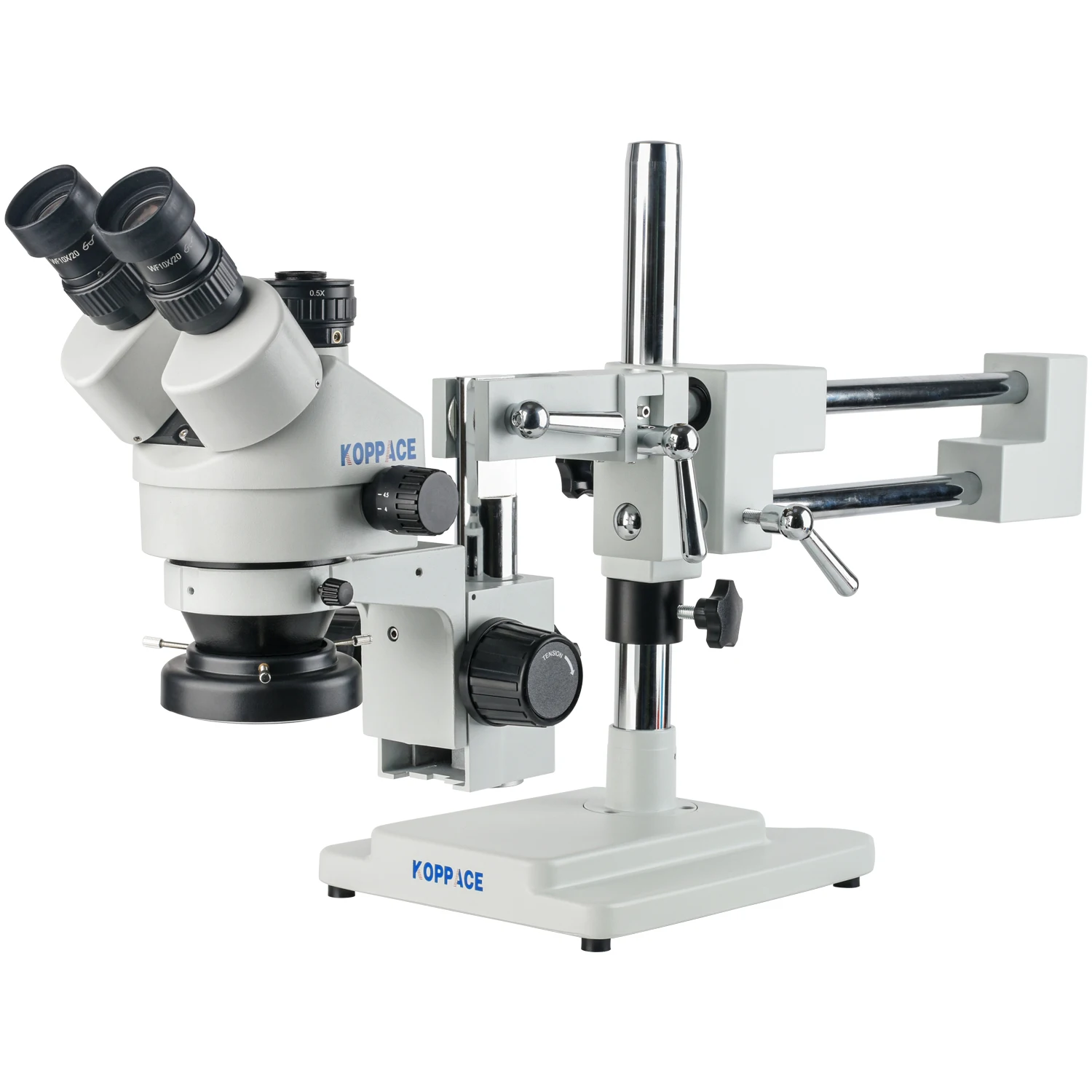 KOPPACE 3.5X-180X Trinocular Stereo Microscope Double Arm Bracket Continuous Zoom Lens