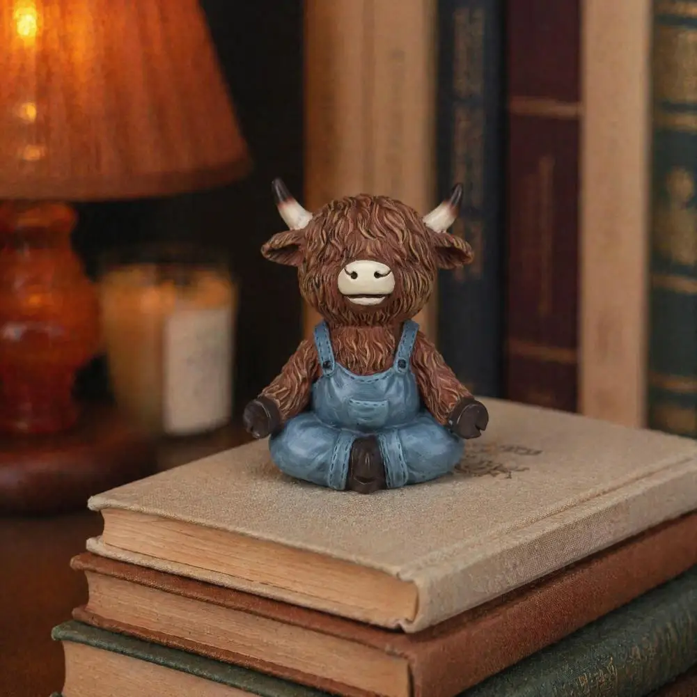 Meditation Cow Sculptures Highland Cow Statues Yoga Highland Cow Resin Figurine Farmhouse Overalls Statue for Gardeners