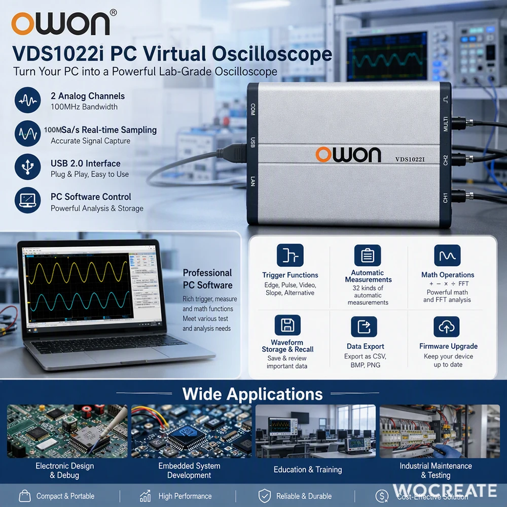 OWON VDS1022I PC Virtual Oscilloscope 25MHz 2CH 100MS/s USB Isolated Digital Oscilloscope FFT Waveform Analysis Repair Testing