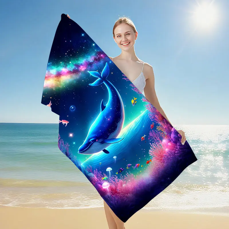 Newest Galaxy Space Big Whale Undersea Print Microfiber Beach Towel, Quick Dry Fantasy Sea Creature Towel for Beach Pool Camping