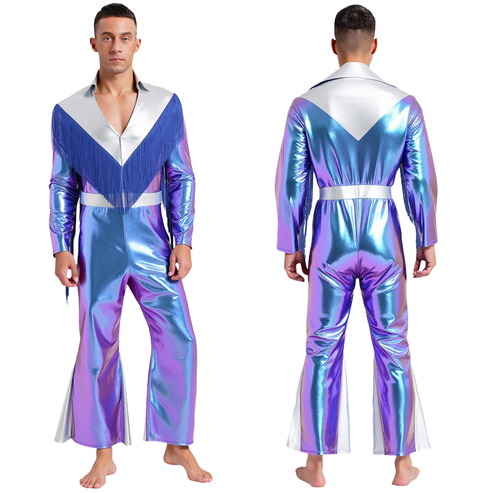 

Mens Disco Metallic Shiny Jumpsuit Tassel Lapel Flare Sleeve Wide Leg Pants Rompers for Halloween Cosplay Christmas Role-Playing