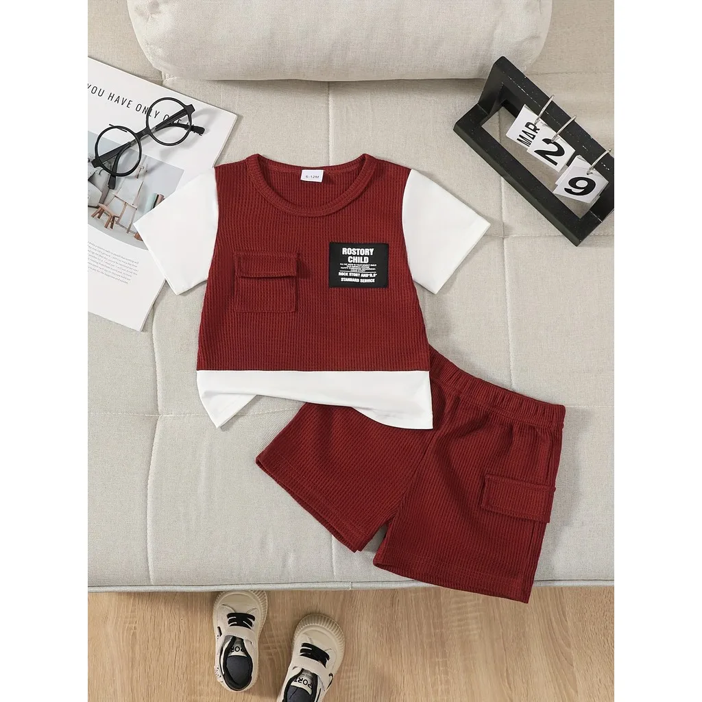 0-3Years Infant Boy Fashion Sports Style Clothing Set Short Sleeved Color Blocked Top+Solid Color Shorts 2PCS Clothes Outfits