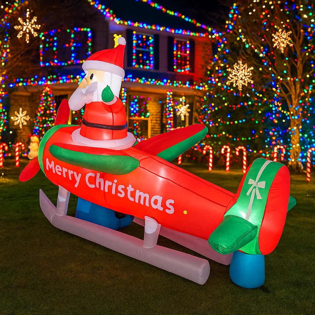 Luces inflables de avión de Papá Noel de 2,7 M/8,8 pies, decoraciones LED para el hogar, juguetes, suministros de jardín de Navidad, decoración navideña para jardín al aire libre